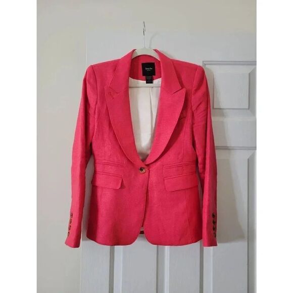 Smythe Linen Blazer Red Shawl Collar Flap Pockets One Button Lined 8 $695 - Picture 1 of 12